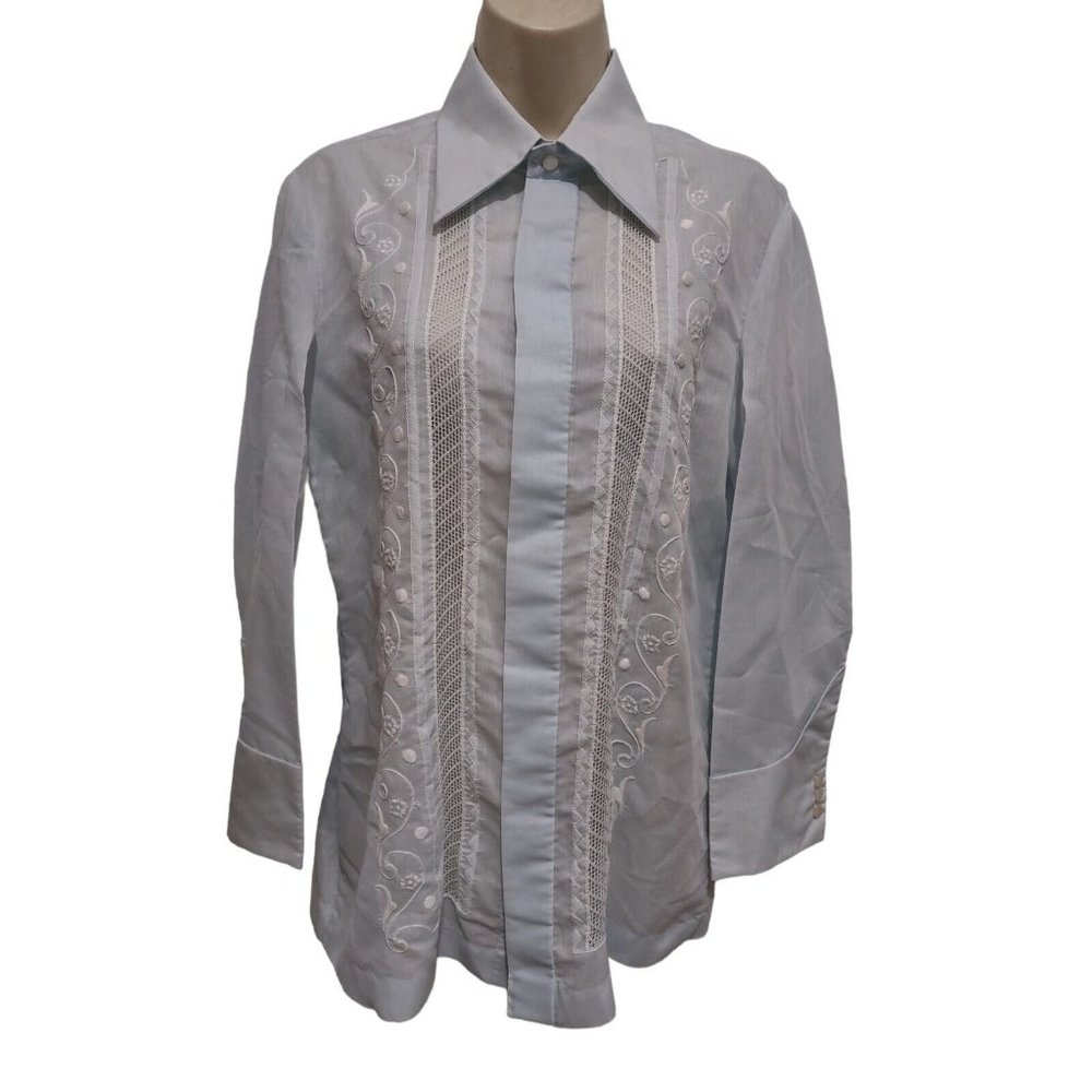 Vintage Tesoros Tunic Blouse Baby Blue Thin Sheer Top Shirt S/M